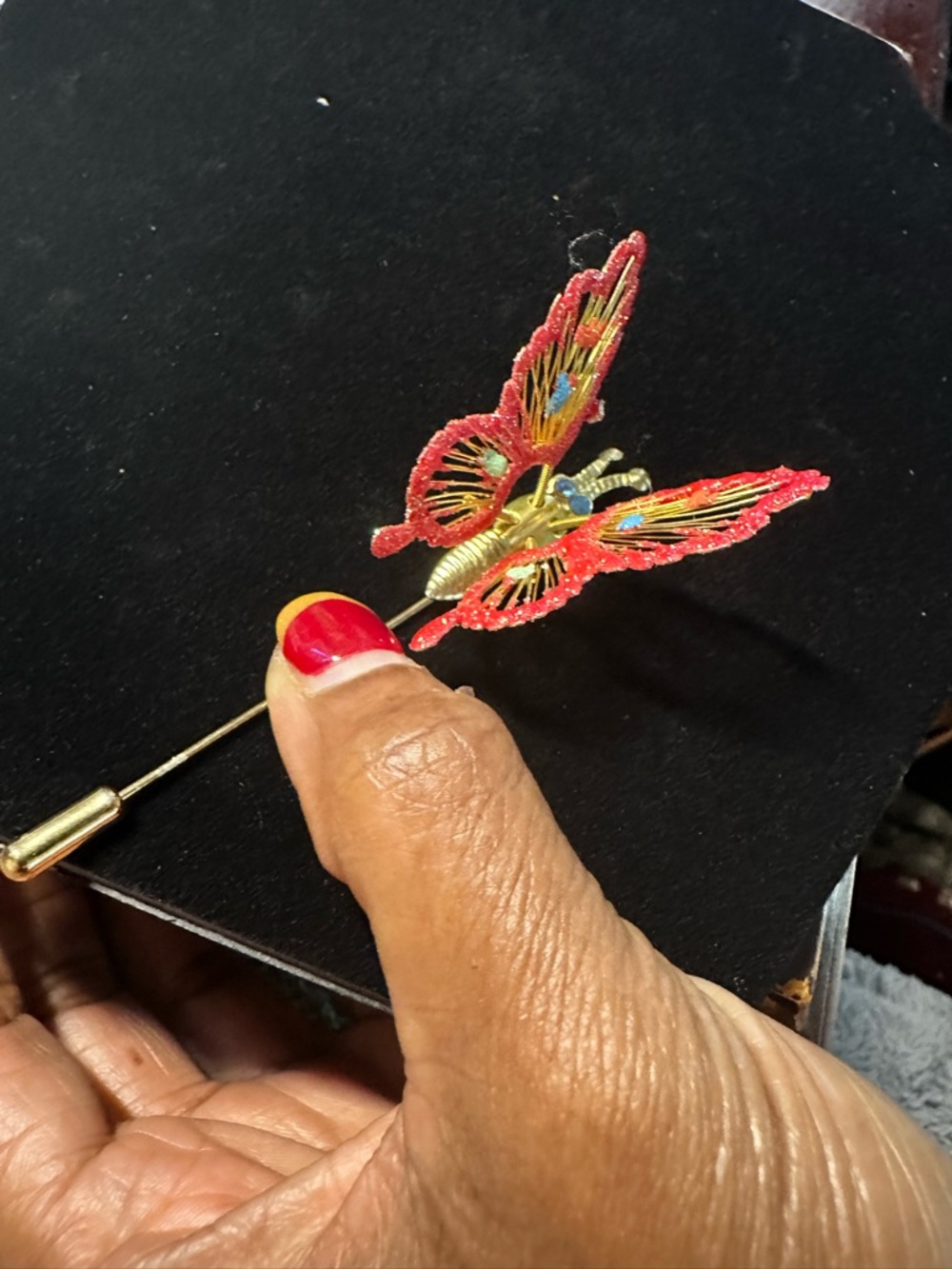 Vintage Red Glitter Butterfly Brooch with Gold Accents - Picture 2 of 13